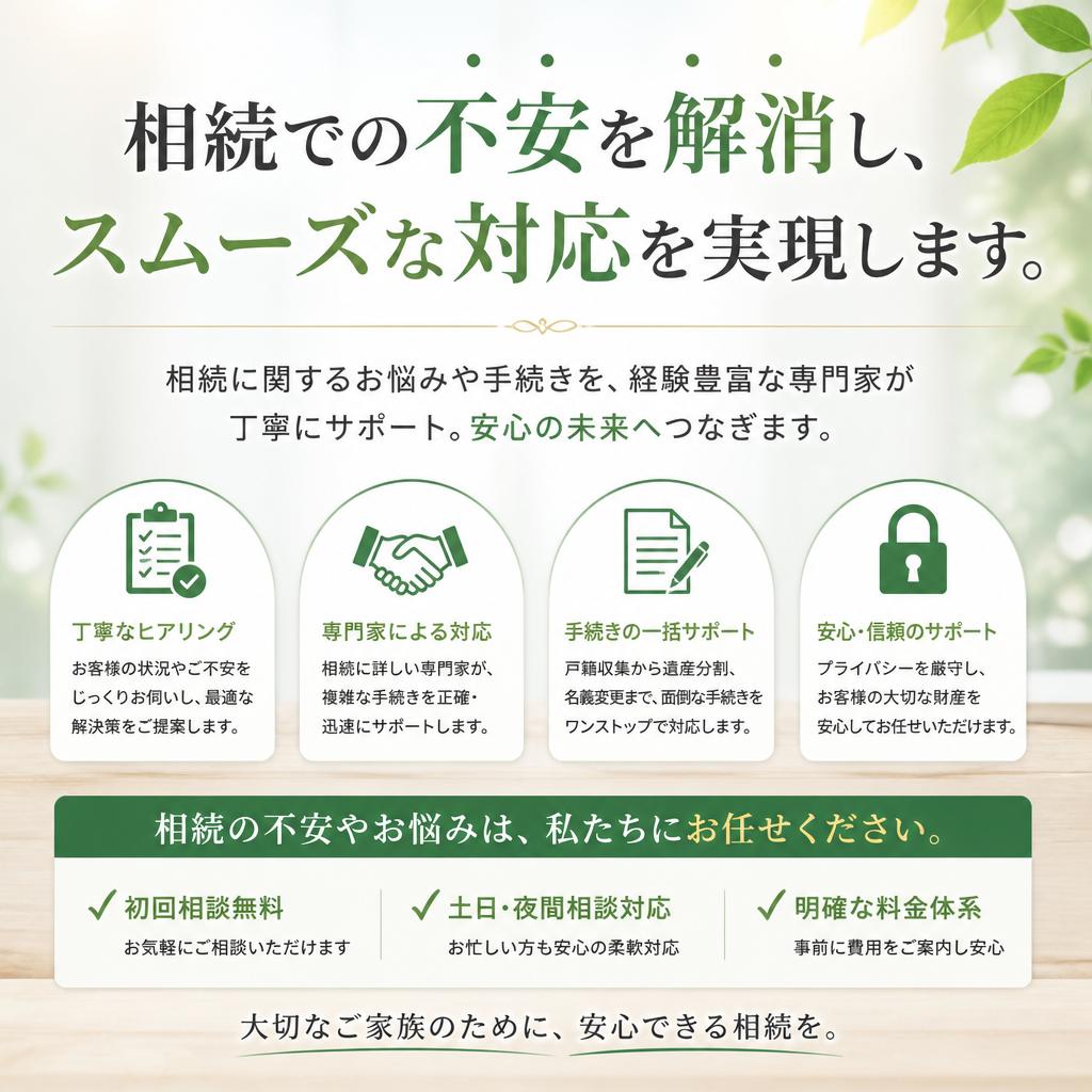 相続での不安を解消し、スムーズな対応を実現します。